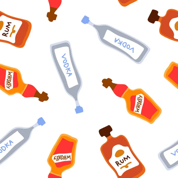 Votka viski ve rom şişeleri kusursuz. Her amaç için harika bir tasarım. Doodle tarzı. El çizimi tekrarlama şablonu. Parti içkileri konsepti. Serbest çizim. Çizgi film taslağı