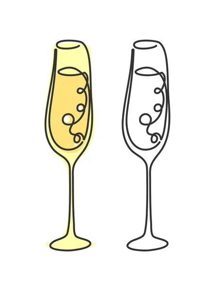 Linje Ritar Champagneglas Vit Bakgrund Två Typer Färgad Tecknad Grafisk — Stock vektor