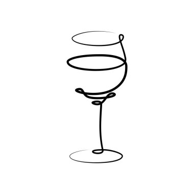 Beyaz arka planda kırmızı şarap kadehi. Grafik sanatları tasarımı. Siyah tek çizgi çizim stili. Elle çizilmiş görüntü. Restoran, kafe ve parti için alkol içeceği konsepti. Serbest çizim biçimi.