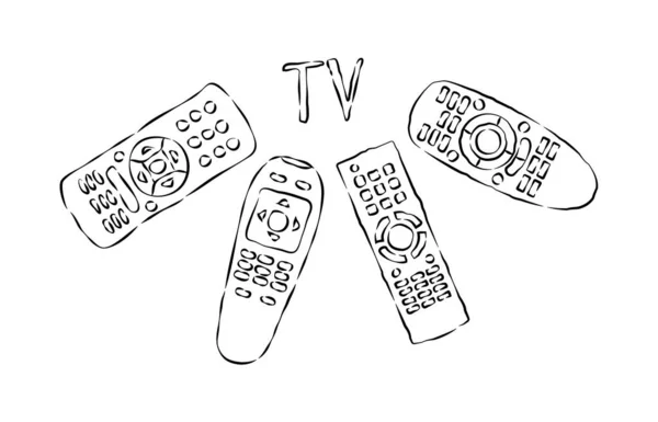 四个手控遥控装置面对着注册电视 带移位按钮的多媒体面板 程序装置 通用电子控制器的示意图 手绘插图 雕刻风格 — 图库矢量图片