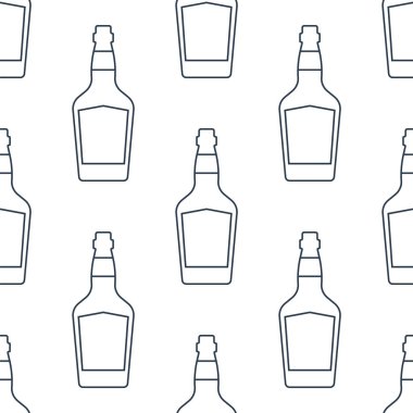 Viski şişeleri pürüzsüz. Çizgi sanatı tarzı. Görüntü özeti. Siyah ve beyaz tekrar şablonu. Parti içkileri konsepti. Beyaz arka planda resim. Herhangi bir amaç için düz tasarım