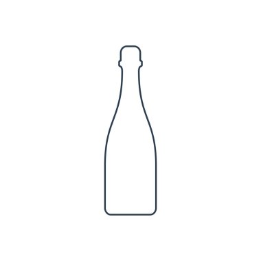 Şampanya şişesi. Partilere ve kutlamalara alkollü içecek. Basit siyah çizgi şekilleri izole edilmiş. Beyaz arkaplanda siyah beyaz çizimler. Herhangi bir amaç için düz tasarım.