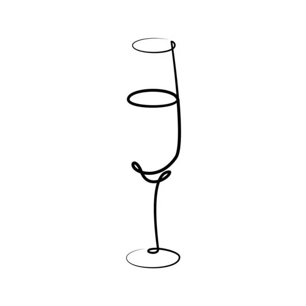 Beyaz arka planda şampanya kadehi. Grafik sanatları tasarımı. Siyah tek çizgi çizim stili. Elle çizilmiş görüntü. Restoran, kafe ve parti için alkol içeceği konsepti. Serbest çizim biçimi