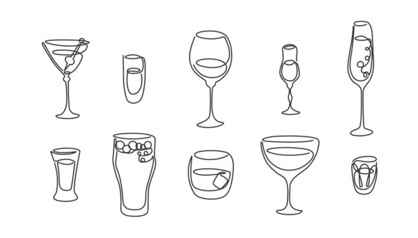 Bir sıra martini, kırmızı şarap, şampanya, tekila, viski, vermut, beyaz arka planda votka kadehi. Freehand siyah beyaz karikatür çizimi. El çizimi sürekli çizgi yolu
