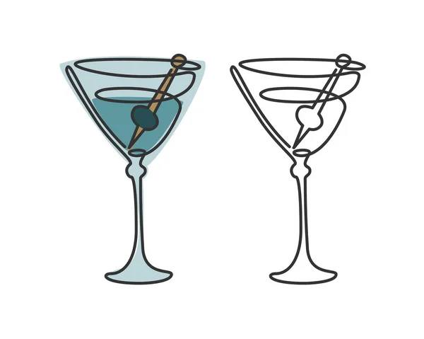 Uma Linha Desenho Vidro Martini Com Azeitona Sobre Fundo Branco — Vetor de Stock