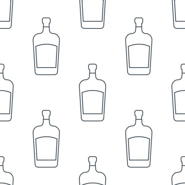 İçki şişeleri dikişsiz. Çizgi sanatı tarzı. Görüntü özeti. Siyah ve beyaz tekrar şablonu. Parti içkileri konsepti. Beyaz arka planda resim. Herhangi bir amaç için düz tasarım