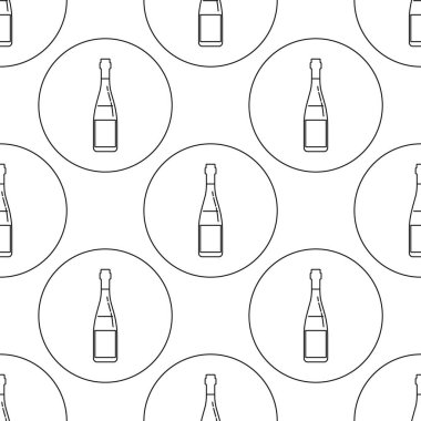 Kırmızı şarap şişesinin pürüzsüz deseni düz bir şekilde ince çizgiler halinde. Arka planda daire şeklinde. Duvar kağıdı desenli içecekleri tekrar et. Restoran için siyah beyaz şablon