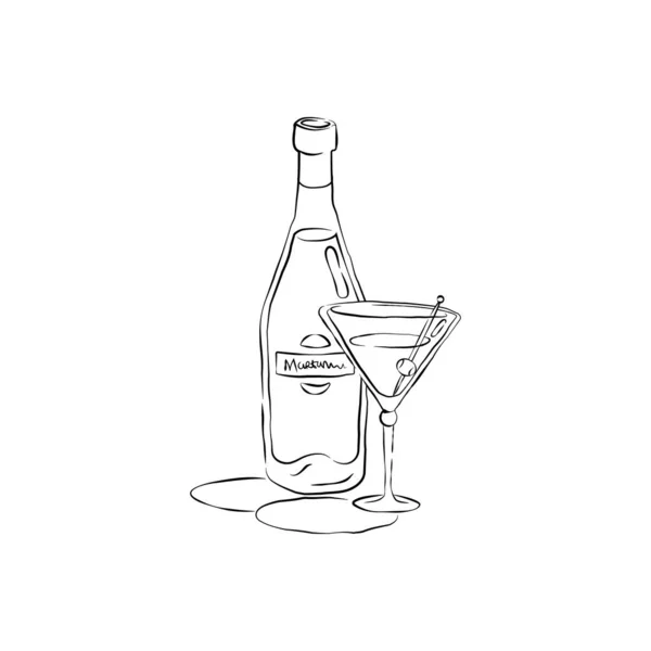ボトルとガラスのマティーニを手描きで一緒に 飲料概要アイコン お祝いのデザインのためのレストランイラスト レトロなスケッチ 線画だ デザイン要素 白地に隔離された — ストックベクタ