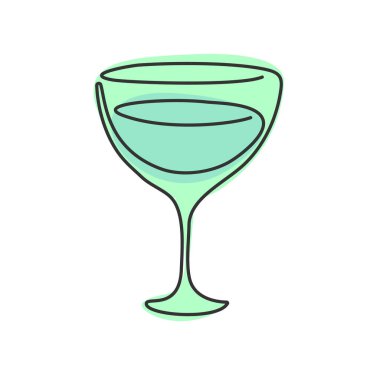Bir çizgi beyaz arka plana vermut camı çiziyor. Kutlama tasarımına itiraz ediyorum. Renkli karikatür çizimi. Devamlı bir çizgi. El yapımı parti içkileri konsepti. Serbest çizim biçimi