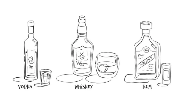 Wódka Rumem Whiskey Butelka Szkło Ręcznie Rysowane Stylu Ilustracja Restauracji — Wektor stockowy