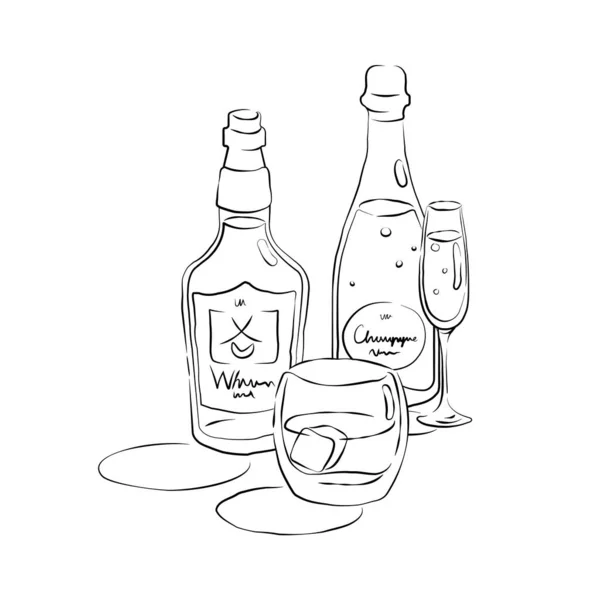 ボトルとグラスのウィスキーとシャンパンを手描きで一緒に 飲料概要アイコン お祝いのデザインのためのレストランイラスト 線画だ 白い背景の黒い輪郭オブジェクト — ストックベクタ