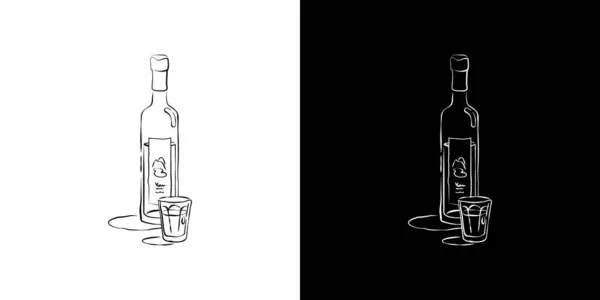 ボトルとガラスのウォッカを手描きのスタイルで一緒に 2種類の飲料アウトライン画像 お祝いのデザインのためのレストランイラスト レトロなスケッチ 線画だ 白地に隔離された — ストックベクタ