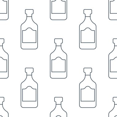 Rom şişeleri pürüzsüz desen. Çizgi sanatı tarzı. Görüntü özeti. Siyah ve beyaz tekrar şablonu. Parti içkileri konsepti. Beyaz arka planda resim. Herhangi bir amaç için düz tasarım