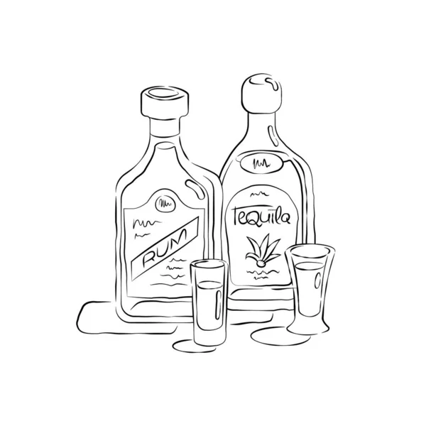 Garrafa Rum Vidro Tequila Juntos Estilo Desenhado Mão Ícone Contorno — Vetor de Stock