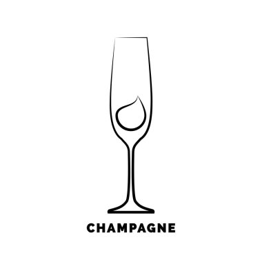 İçinde bir damla içki olan bir kadeh şampanya. Düz stil Contour çizgisi sanatı. Kutlama tasarımı için restoran alkolik illüstrasyonu. Metinli içecek taslak simgesi. Beyaz arkaplanda izole