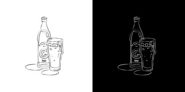 Μπουκάλι Και Γυάλινη Μπύρα Μαζί Χειροποίητο Στυλ Δύο Είδη Ποτών — Διανυσματικό Αρχείο