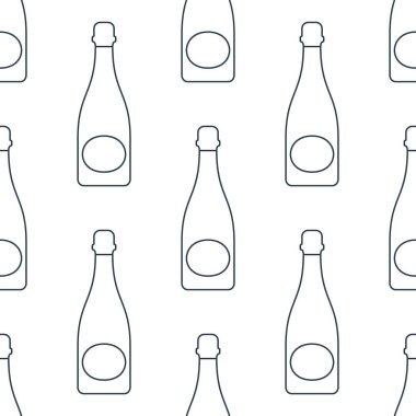 Şampanya şişeleri pürüzsüz. Çizgi sanatı tarzı. Görüntü özeti. Siyah ve beyaz tekrar şablonu. Parti içkileri konsepti. Beyaz arka planda resim. Herhangi bir amaç için düz tasarım