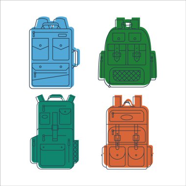 Öğrenciler ve seyahat ikonu için eğitim ve çalışma çantası. Sırt çantası ya da cepleri ve fermuarı olan okul çantası. Turizm çantasını hazırla. Düz çizgi çizimi beyaz arkaplanda izole edildi