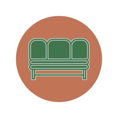 Çember renkli arka planda kanepenin sembolü. İç tasarım için ince çizgiler halinde düz çizimler. Üç yastıklı ve sırtlı kanepe. Rahat koltuk için sembolik simge