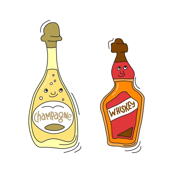 Pezsgő Whisky Mosollyal Fehér Háttéren Rajzfilm Vázlat Grafikai Tervezés Doodle — Stock Vector