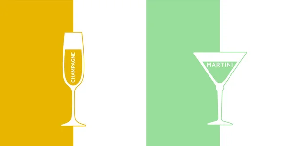Champagne Och Martini Glas Minimalistisk Linjär Stil Med Text Kontur — Stock vektor