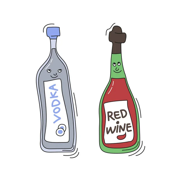 Vodka Vin Rouge Avec Sourire Sur Fond Blanc Dessin Animé — Image vectorielle