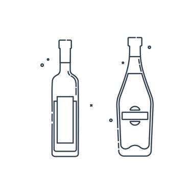 Şişe votka ve düz stil martini. Kutlama tasarımı için restoran alkolik illüstrasyonu. Tasarım kontur elemanı. İçecek taslak simgesi. Grafik biçiminde beyaz arkaplanda izole