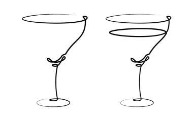 Beyaz arka planda vermut ya da martini kadehi. Grafik sanatları tasarımı. Siyah tek çizgi çizim stili. Elle çizilmiş görüntü. Restoran, kafe ve parti için alkol içeceği konsepti. Serbest çizim biçimi