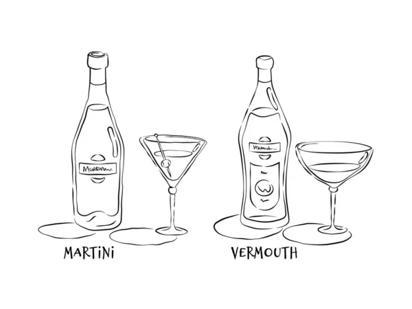 Vermute Martini Garrafa Vidro Estilo Desenhado Mão Ilustração Restaurante Para — Vetor de Stock