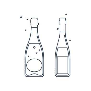 Şampanyalı kırmızı şarap hattı sanatı düz stil. Kutlama tasarımı için restoran alkolik illüstrasyonu. Tasarım kontur elemanı. İçecek taslak simgesi. Grafik stilinde beyaz arkaplanda izole edilmiş