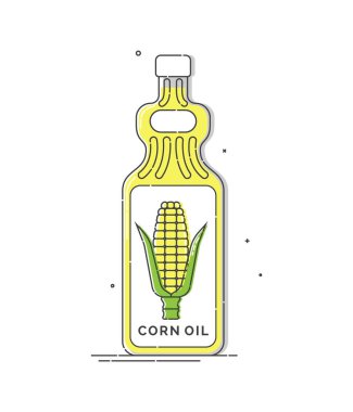 Mısır yağı şişesi. Koçanda mısır şeklinde etiketi olan plastik bir kap. Herhangi bir amaç için harika bir renk tasarımı. Sağlıklı organik vejetaryen yemeği. İzole edilmiş beyaz arka plan. Vejetaryen yemeği..