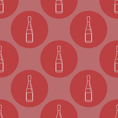 Kırmızı şarap şişelerinin pürüzsüz desenleri düz bir şekilde ince çizgiler halinde. Arka planda renkli içecek çemberi var. İzole nesne tasarımı içeceği. Restoran, bar ve parti için basit bir simge