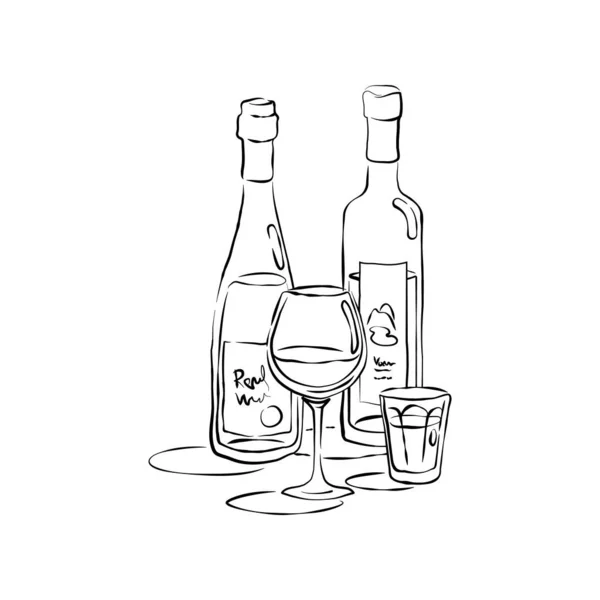 Botella Copa Vino Tinto Vodka Juntos Estilo Dibujado Mano Icono — Vector de stock