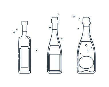 Şişe votka ve kırmızı şarap şampanya çizgisi düz stil. Kutlama tasarımı için restoran alkolik illüstrasyonu. Tasarım kontur elemanı. İçecek taslak simgesi. Grafik biçiminde beyaz arkaplanda izole