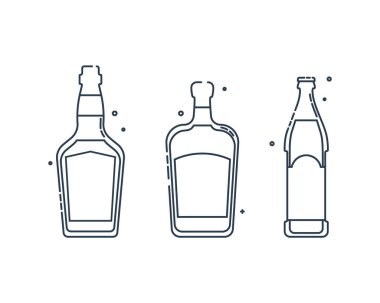 Bir şişe viski ve likör birası. Kutlama tasarımı için restoran alkolik illüstrasyonu. Tasarım kontur elemanı. İçecek taslak simgesi. Grafik biçiminde beyaz arkaplanda izole