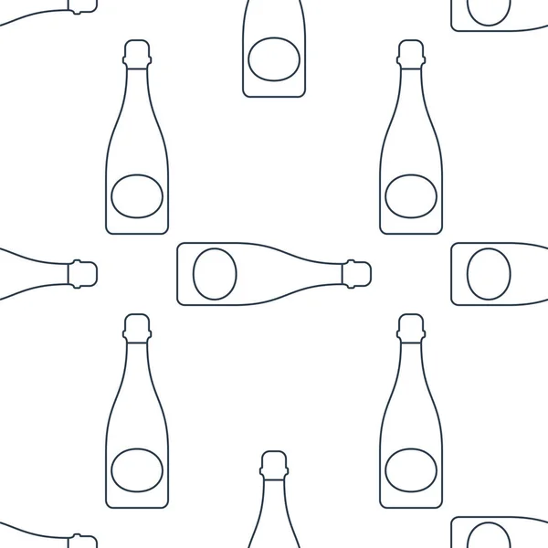 Шампанское Бутылки Бесшовный Шаблон Линейный Стиль Контур Изображения Черно Белый — стоковый вектор