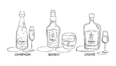 Şampanya, içki, viski. Şişe ve cam el yapımı. Kutlama tasarımı için restoran illüstrasyonu. Robot resim. Çizgi çalışması. Tasarım elemanı. İçecek taslak simgesi. Beyaz arkaplanda izole