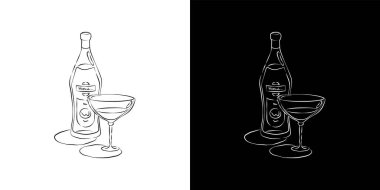 Şişe ve cam vermut el yapımı. İki çeşit içecek ana hatları. Kutlama tasarımı için restoran illüstrasyonu. Retro eskiz. Çizgi çalışması. Beyaz arkaplanda izole