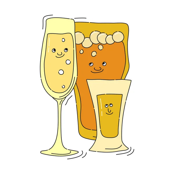 Tequila Champagner Biergläser Mit Lächeln Auf Weißem Hintergrund Zeichentrickskizze Doodle — Stockvektor