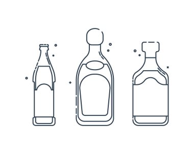 Şişe tekila ve rom bira serisi düz stil. Kutlama tasarımı için restoran alkolik illüstrasyonu. Tasarım kontur elemanı. İçecek taslak simgesi. Grafik biçiminde beyaz arkaplanda izole