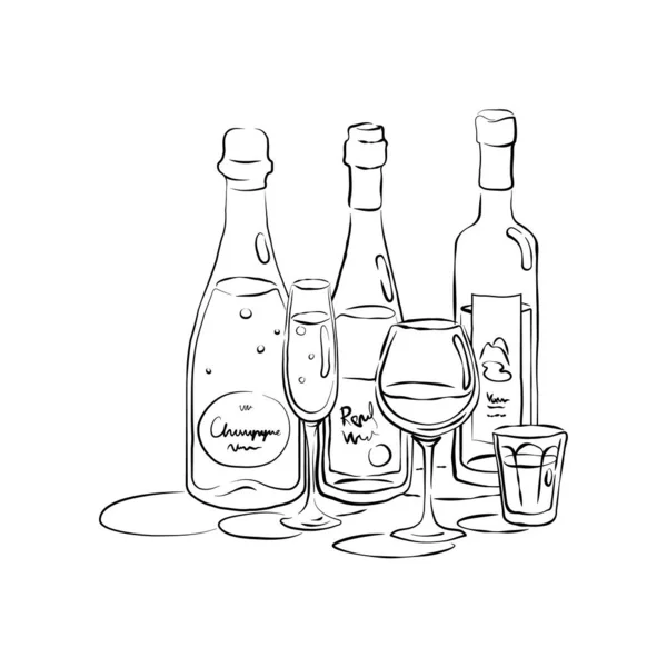 Flasche Und Glas Champagner Wodkawein Zusammen Handgezeichnetem Stil Getränkeumriss Symbol — Stockvektor