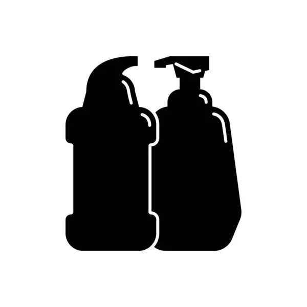 2つのプラスチック化粧品瓶製品 オイルマスククリーム 化粧品容器 白の細い線で黒のシルエットの形でイラストデザイン 白の背景にフラットスタイルで絶縁されたアイコン — ストックベクタ