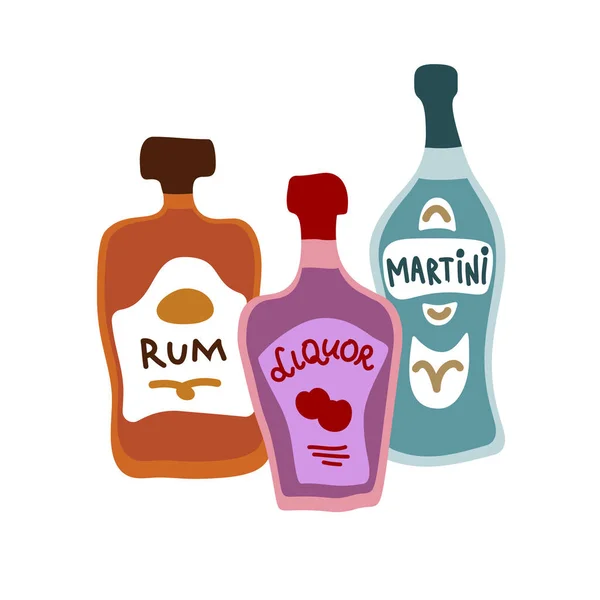 Raccolta Bottiglie Alcool Forte Liquori Rum Martini Concetto Bevande Party — Vettoriale Stock