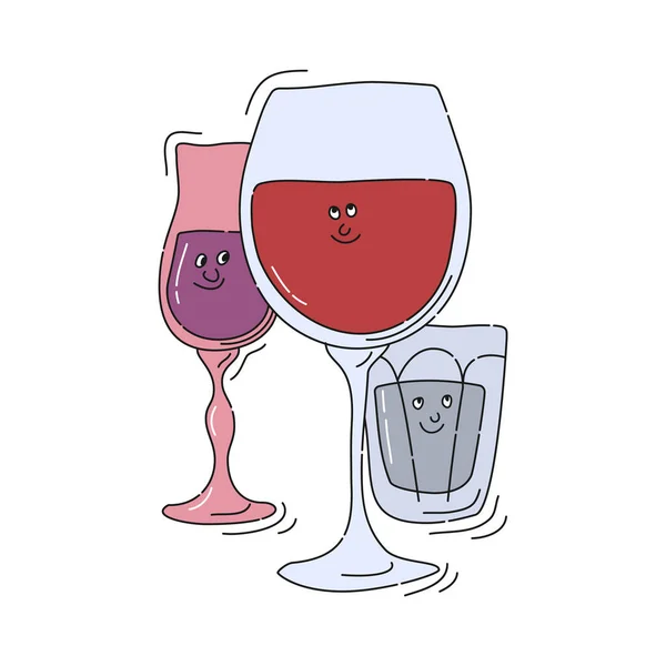 Rotweinwodkagläser Mit Lächeln Auf Weißem Hintergrund Zeichentrickskizze Doodle Stil Mit — Stockvektor