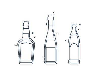 Şişe viski ve bira serisi düz stil. Kutlama tasarımı için restoran alkolik illüstrasyonu. Tasarım kontur elemanı. İçecek taslak simgesi. Grafik biçiminde beyaz arkaplanda izole
