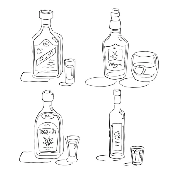 Whiskey Rum Tequila Wódka Butelka Szkło Ręcznie Rysowane Stylu Ilustracja — Wektor stockowy