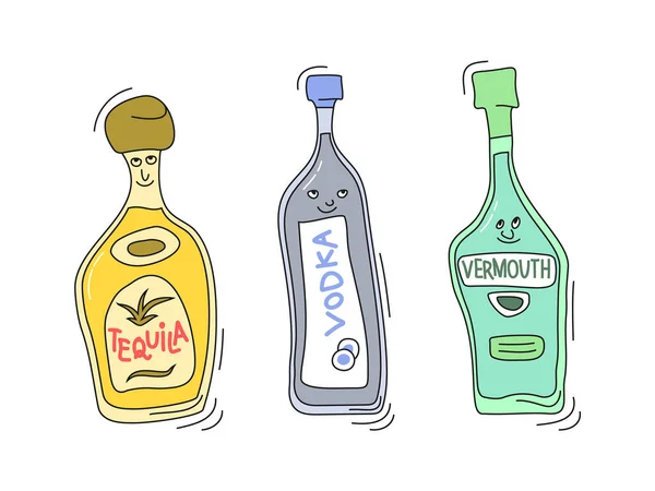 Tequila Vermut Vodka Con Sonrisa Sobre Fondo Blanco Dibujo Dibujos — Vector de stock