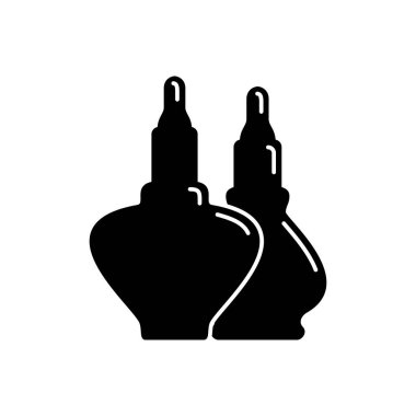 İki kozmetik konteynırı sıra sıra oje jel yağı. Kadın makyaj ürünü. Plastik ya da cam şişe. Moda ve tarz. Siyah siluet. Ayrı bir nesne. Görüntü izole edilmiş beyaz arkaplan