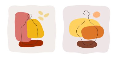 Soyut arka planda içki ve rom şişesi. Elle çizilmiş çeşitli şekiller, noktalar. Çağdaş modern moda illüstrasyonu. Düz stil tasarımlı minimalist alkollü içecekler konsepti