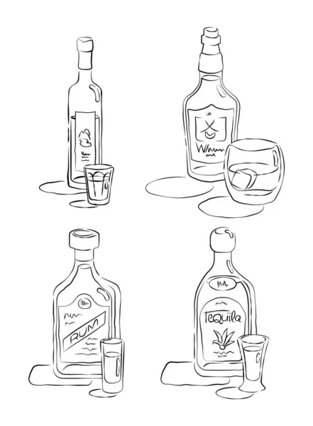 Garrafa Vodka Vidro Uísque Rum Tequila Conjunto Estilo Desenhado Mão —  Vetores de Stock